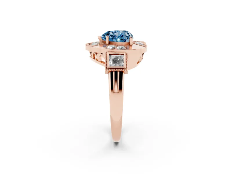 Fancy Blue Heart Cut Diamond Milgrain Halo Ring Set in Rose gold with Split Shank