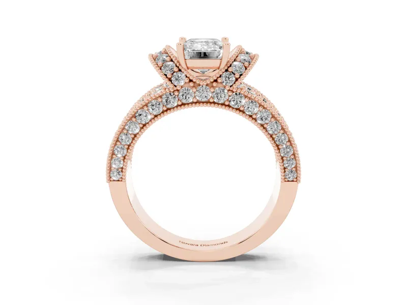 Emerald Cut Vintage Milgrain Pave Engagement Ring Setting | Crescent Side Rows | Rose Gold