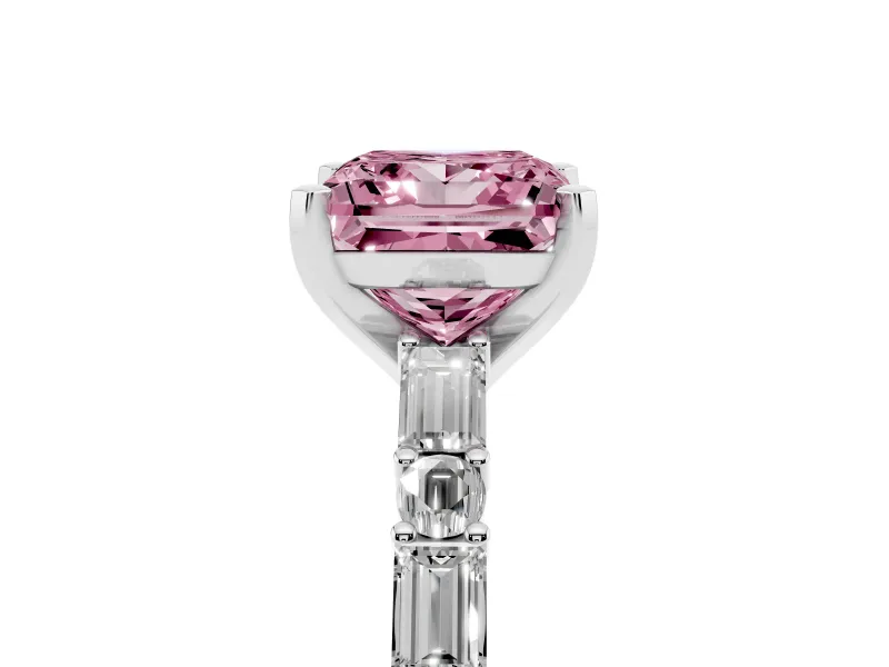 Fancy Pink Princess Cut Diamond Solitaire Set in Silver with Side Baguettes and Channel Set Band