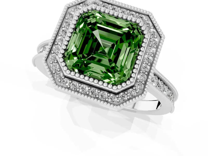 Asscher Cut Vintage Milgrain Halo Engagement Ring Setting for a Fancy Green Lab-Grown Diamond | Bezel Head | White Gold