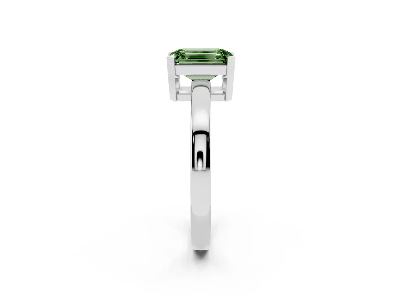 Fancy Green Emerald Cut Diamond Solitaire Ring Set in Platinum with Prong Head and Smooth Polished Band