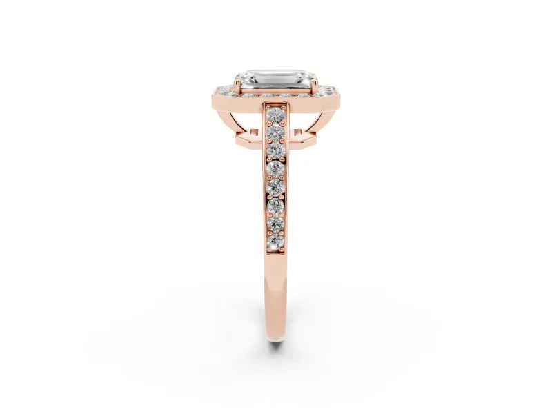 Emerald Cut Framed Halo Engagement Ring Setting | Graduated Pavé Band | Rose Gold