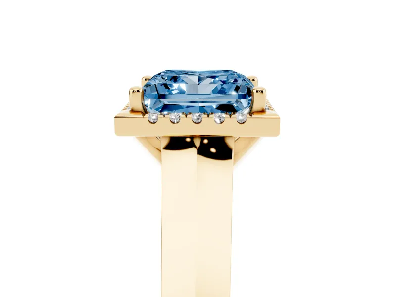 Fancy Blue Princess Cut Diamond Halo Ring Set in Yellow gold with Cathedral Band and Prong Setting