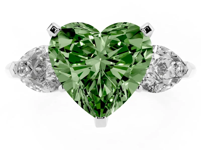 Fancy Green Three-Stone Heart Cut Diamond Ring Set in White gold with Pear Side Stones and Prong Setting