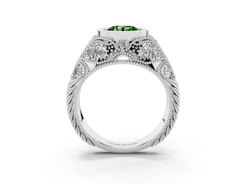 Fancy Green Round Cut Diamond Bezel Ring Set in Platinum with Milgrain Accent Band