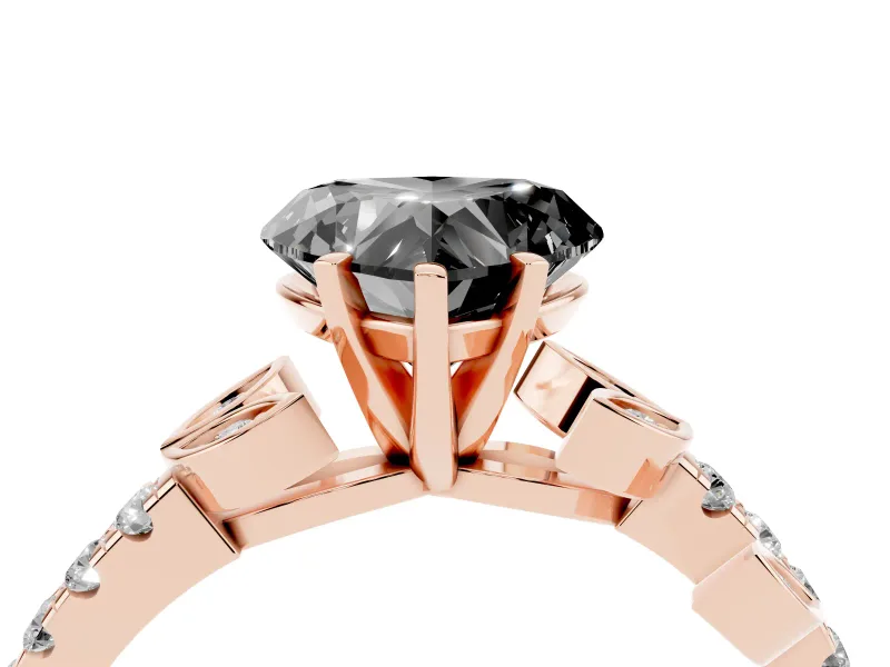 Fancy Black Heart Cut Diamond Solitaire Leaf-Inspired Ring Set in Rose gold with Pavé Band and Prong Setting