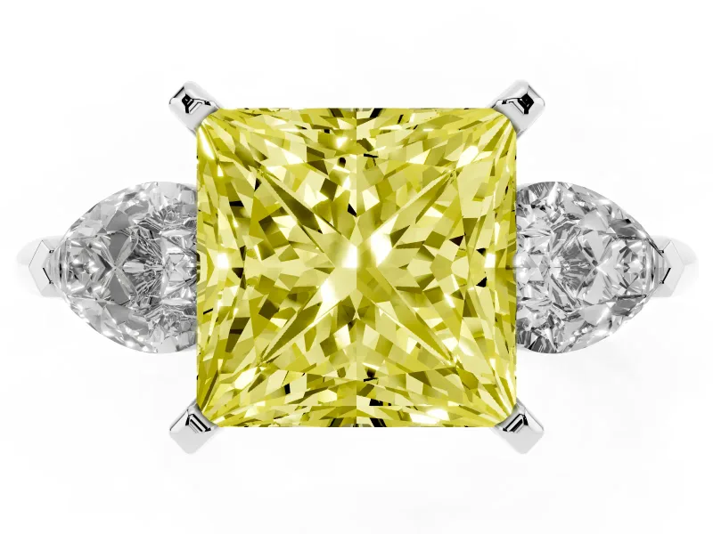 Fancy Yellow Three-Stone Princess Cut Diamond Ring Set in White gold with Pear Side Stones and Prong Setting
