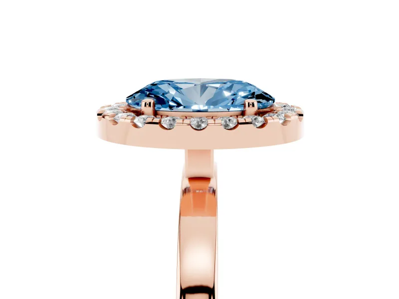 Fancy Blue Oval Cut Diamond Halo Solitaire Ring Set in Rose gold with Pavé Band and Prong Setting