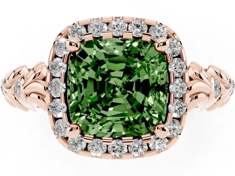 Cushion Cut Leaf Halo Engagement Ring Setting for a Fancy Green Lab-Grown Diamond | Bezel Accents | Rose Gold