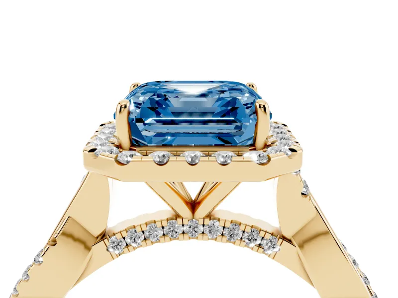 Asscher Cut Twist Halo Engagement Ring Setting for a Fancy Blue Lab-Grown Diamond | Yellow Gold
