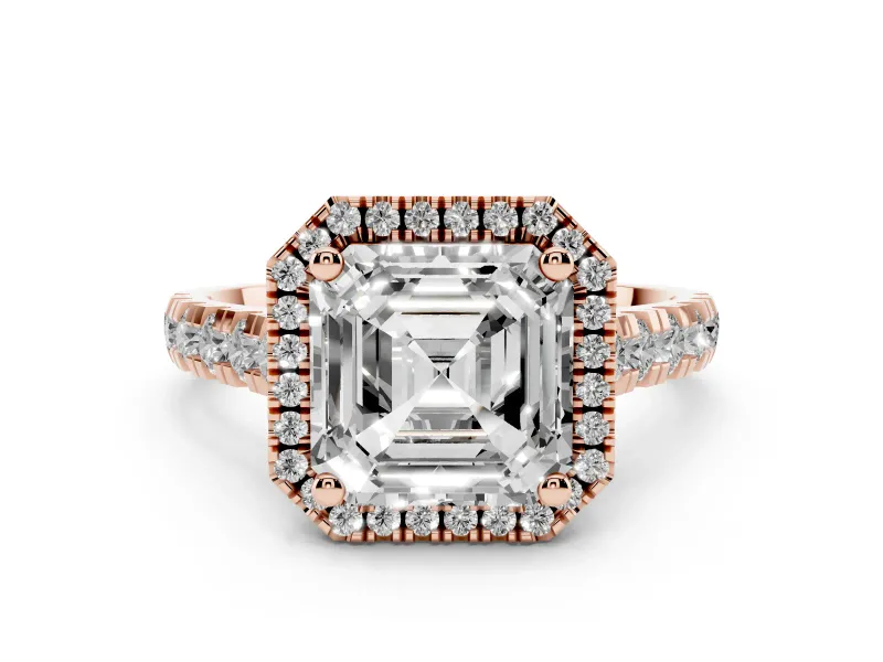 Asscher Cut Diamond Halo Engagement Ring Set in Rose gold with Pavé Band and Prong-Set Center
