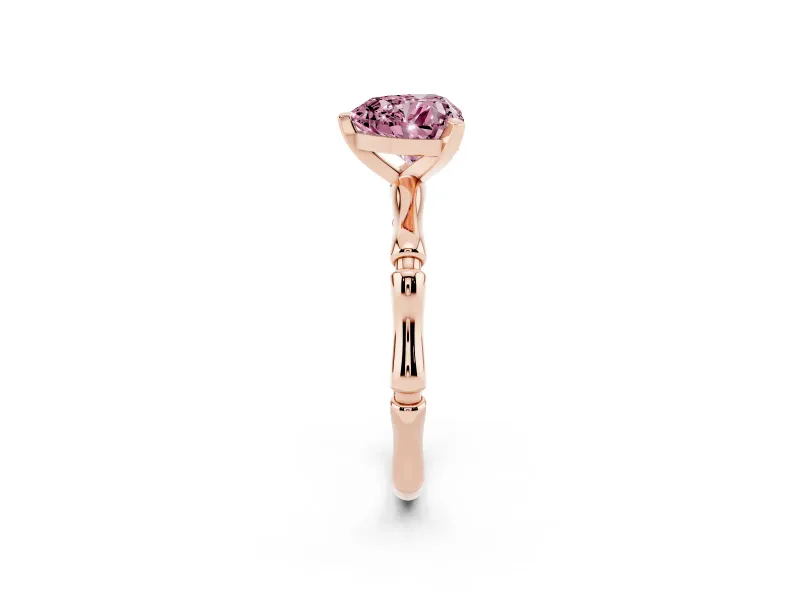 Fancy Pink Heart Cut Diamond Solitaire Ring Set in Rose gold with Bamboo Band and Prong Setting