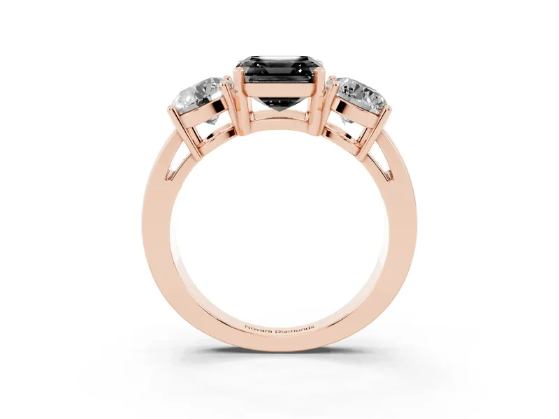 Asscher Cut Three Stone Engagement Ring Setting for a Black Center | Round Side Stones | Rose Gold