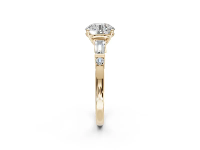 Round Tapered Baguette Engagement Ring Setting | Bar Set Sides | Yellow Gold