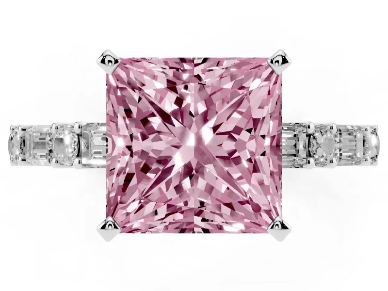 Fancy Pink Princess Cut Diamond Solitaire Set in Platinum with Side Baguettes and Channel Set Band