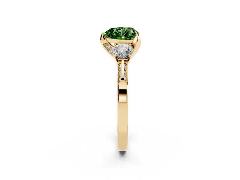Heart-Shaped Hidden Halo Three Stone Engagement Ring Setting for a Fancy Green Lab-Grown Diamond | Yellow Gold