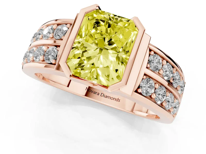 Radiant Cut Half Bezel Engagement Ring Setting for a Fancy Yellow Lab-Grown Diamond | Channel Band | Rose Gold