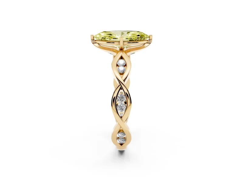 Fancy Yellow Marquise Cut Diamond Twist Band Solitaire Ring Set in Yellow gold with Leaf Prong Setting and Accent Stones