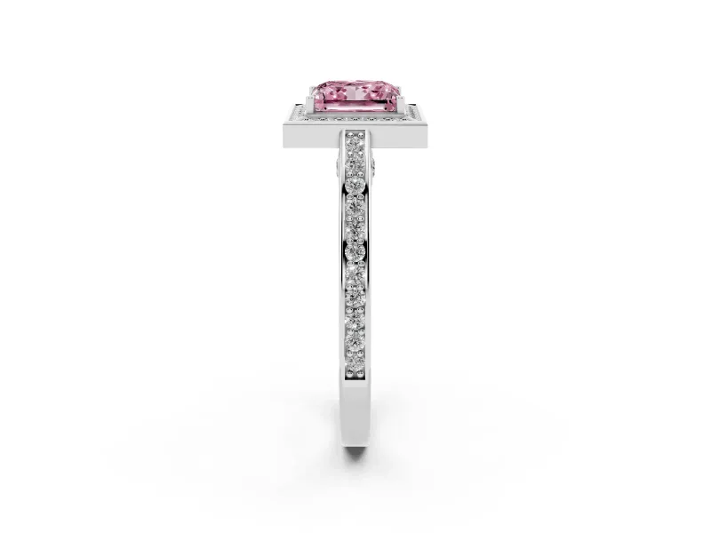 Fancy Pink Princess Cut Diamond Halo Pavé Split Shank Ring Set in Silver with Prong Setting