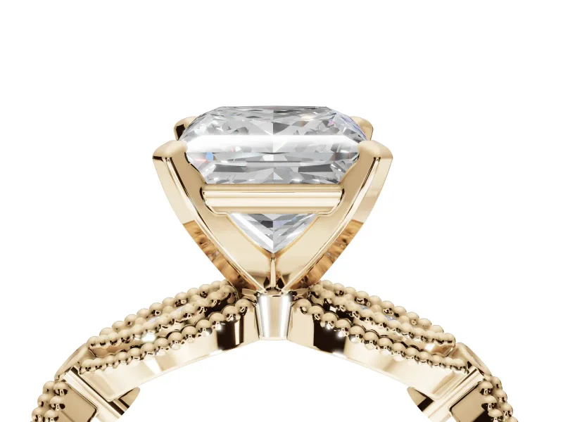 Princess Cut Vintage Milgrain Engagement Ring Setting | Graduated Stations | Yellow Gold