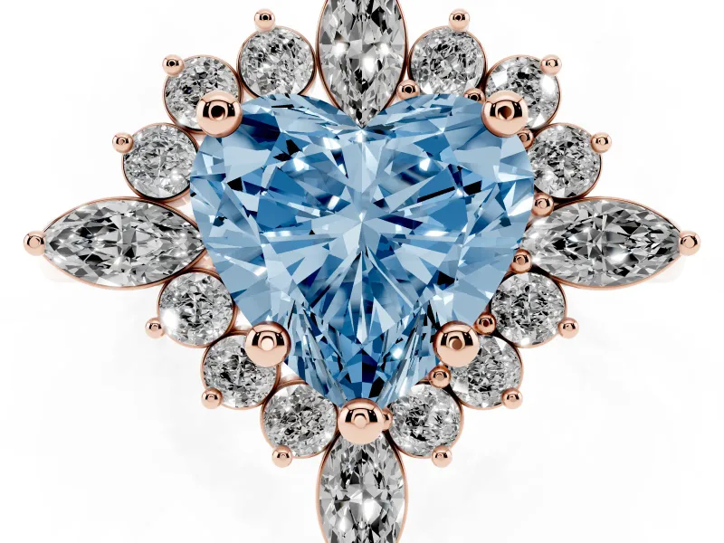 Fancy Blue Heart Cut Diamond Cluster Halo Ring Set in Rose gold with Marquise and Round Accents