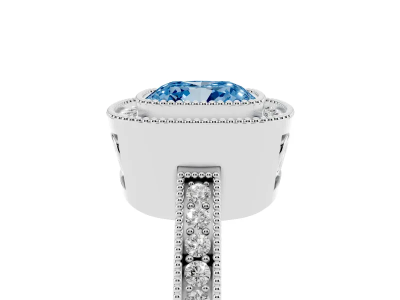 Fancy Blue Cushion Cut Diamond Halo Ring Set in Silver with Pavé Band and Milgrain-Edged Prongs