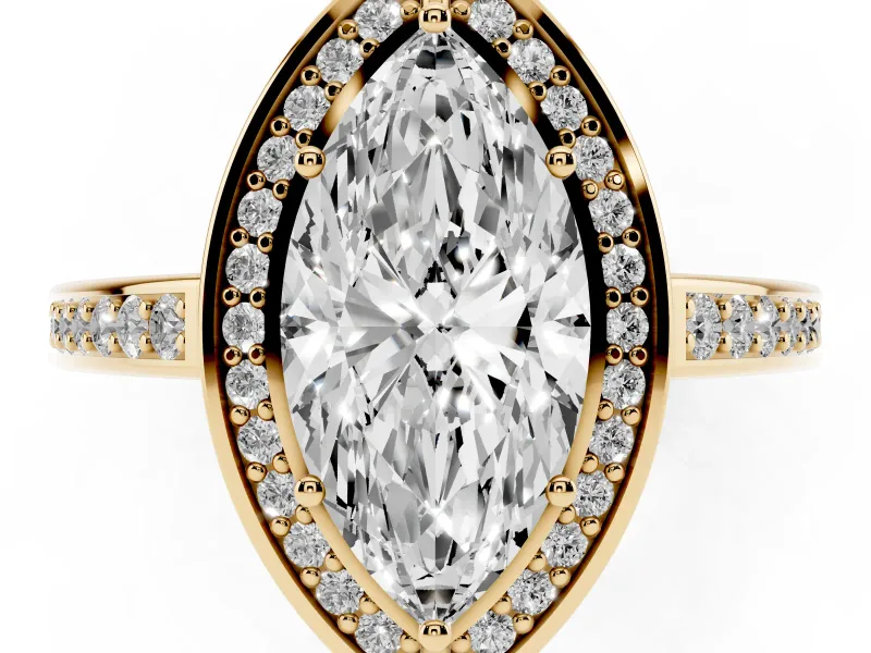 Marquise Cut Diamond Halo Pavé Split Shank Ring Set in Yellow gold with Prong Setting