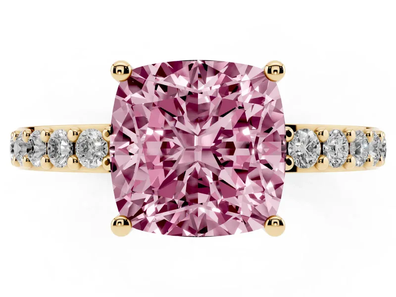 Fancy Pink Cushion Cut Diamond Solitaire Set in Yellow gold with Round Pavé Band and Prong Setting