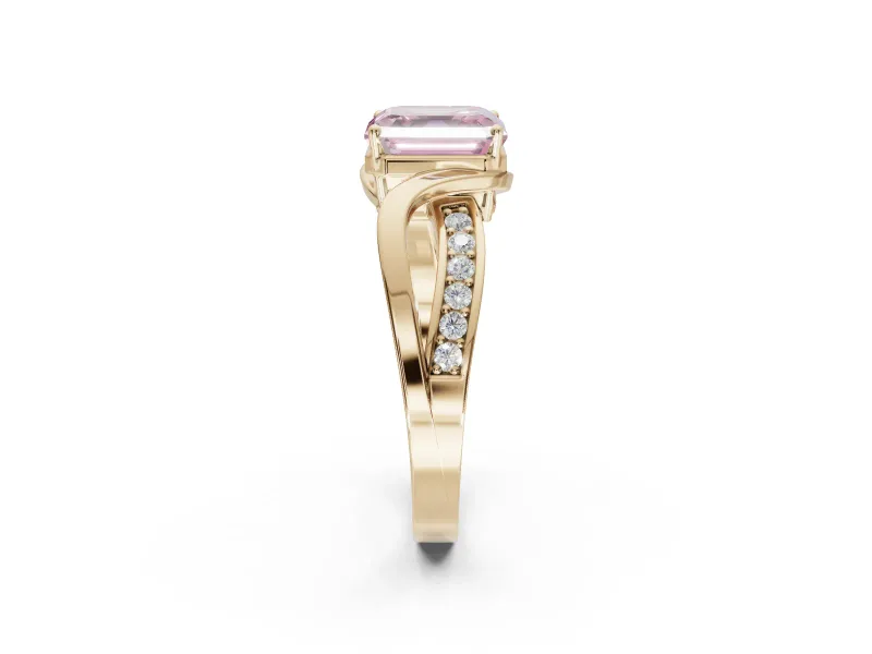 Asscher Cut Bypass Solitaire Engagement Ring Setting for a Fancy Pink Lab-Grown Diamond | Pavé Strands | Yellow Gold