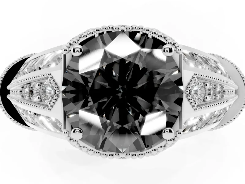 Fancy Black Round Cut Diamond Vintage-Inspired Milgrain Ring Set in White gold with Accent Split Shank