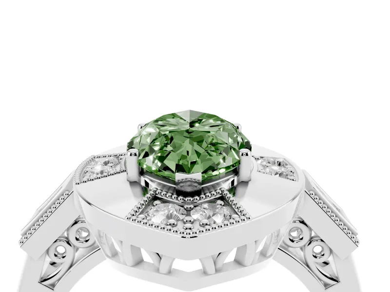Fancy Green Marquise Cut Diamond Milgrain Halo Ring Set in Silver with Split Shank
