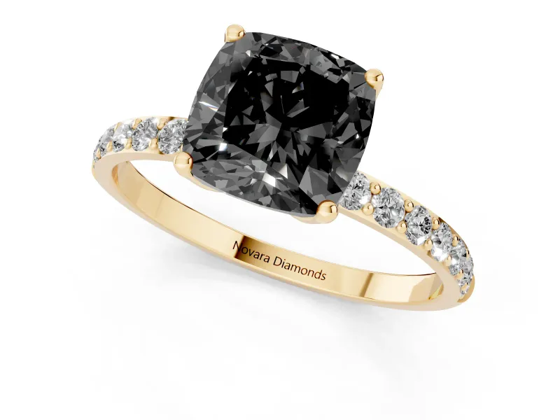 Cushion Cut Pavé Solitaire Engagement Ring Setting for a Black Center | Slim Band | Yellow Gold