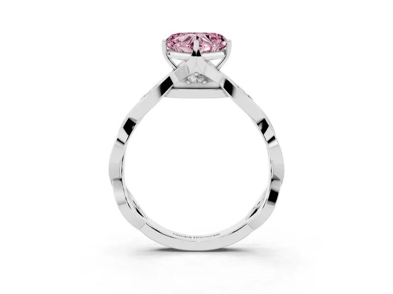 Fancy Pink Heart Cut Diamond Twist Band Solitaire Ring Set in Platinum with Leaf Prong Setting and Accent Stones