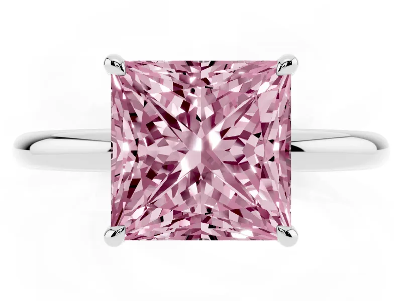 Fancy Pink Princess Cut Diamond Solitaire Ring Set in White gold with Thin Band and Prong Setting
