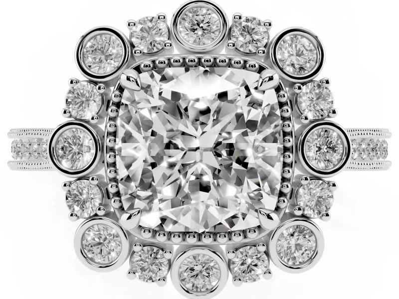 Cushion Cut Vintage Scalloped Halo Engagement Ring Setting | Milgrain Pavé Band | Sterling Silver