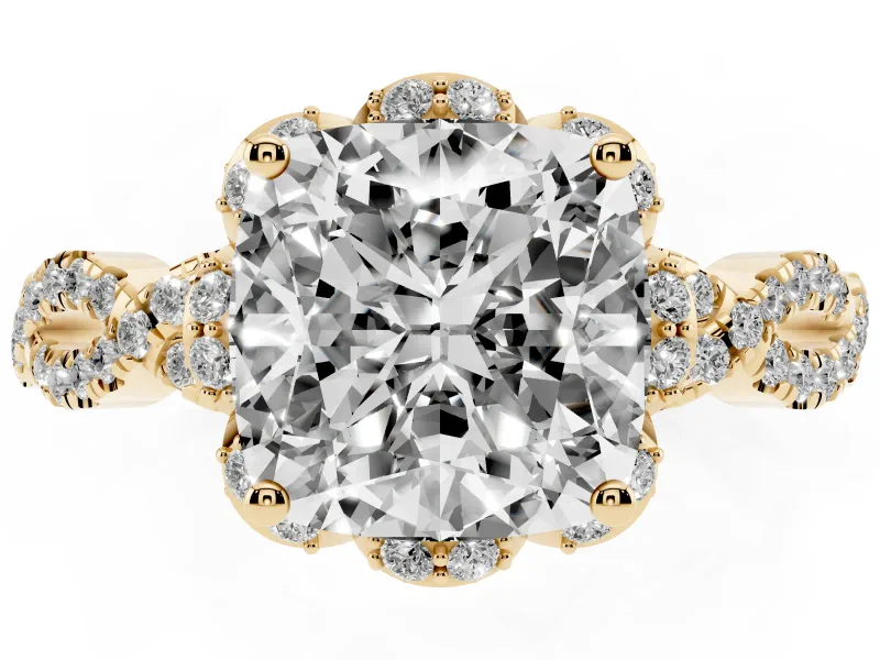 Cushion Cut Milgrain Halo Engagement Ring Setting | Graduated Shoulders | Yellow Gold