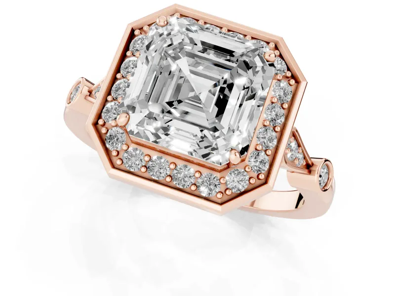 Asscher Cut Vintage Halo Engagement Ring Setting | Bezel Station Shoulders | Rose Gold