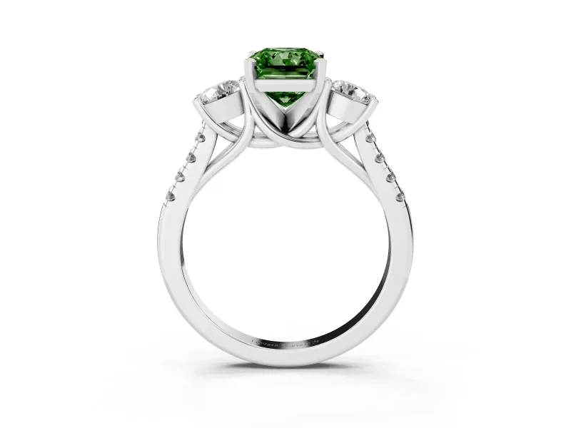 Fancy Green Three-Stone Radiant Cut Diamond Pavé Band Ring Set in Silver with Prong-Set Trio