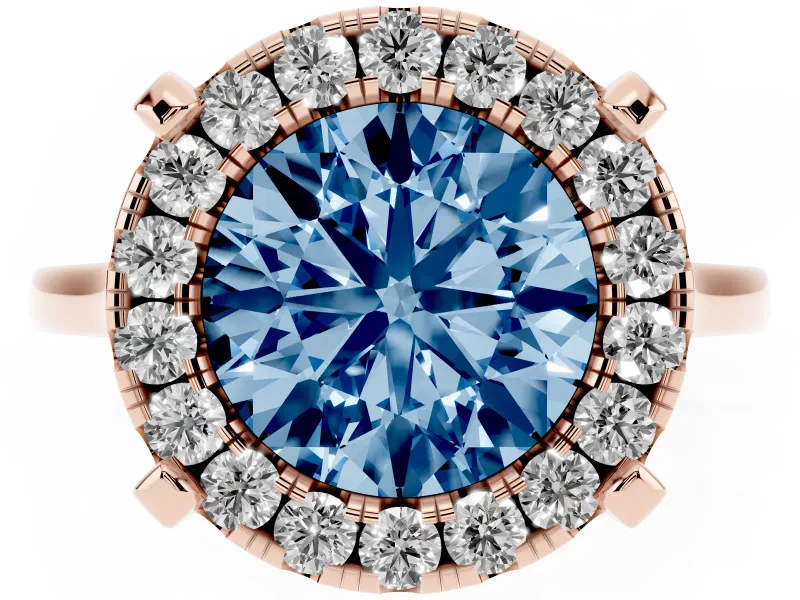 Round Halo Engagement Ring Setting for a Fancy Blue Lab-Grown Diamond | Claw Corners | Rose Gold