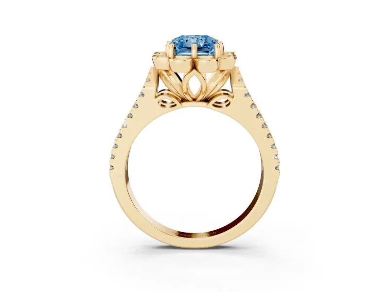 Radiant Cut Floral Halo Engagement Ring Setting for a Fancy Blue Lab-Grown Diamond | Pavé Split Shank | Yellow Gold