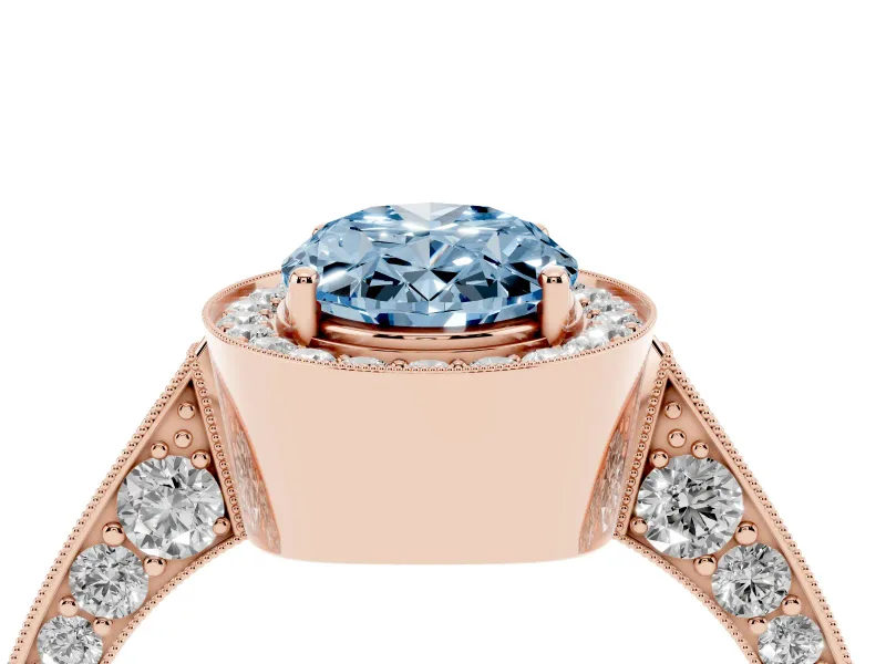 Fancy Blue Oval Cut Diamond Halo Engagement Ring Set in Rose gold with Accent Split Shank Band
