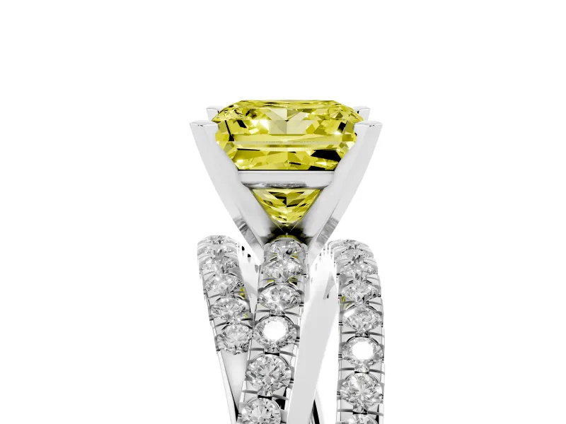 Fancy Yellow Princess Cut Diamond Solitaire Twist Band Ring Set in White gold with Pavé Setting and Prong Head