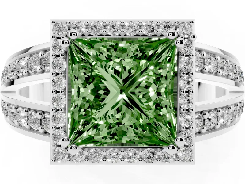 Princess Cut Halo Engagement Ring Setting for a Fancy Green Lab-Grown Diamond | Two-Row Pave Split Shank | White Gold