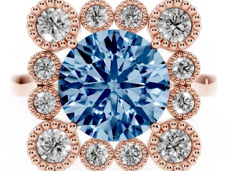 Round Milgrain Cluster Halo Engagement Ring Setting for a Fancy Blue Lab-Grown Diamond | Plain Band | Rose Gold