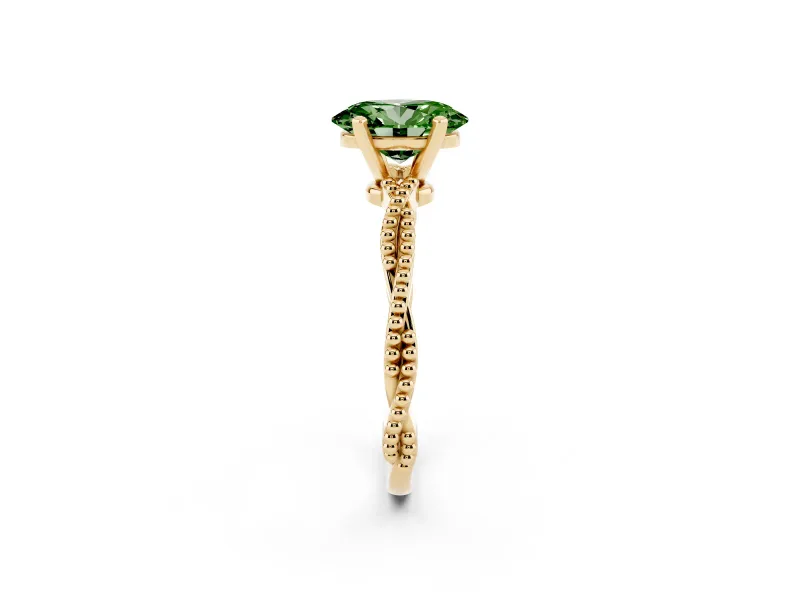 Fancy Green Oval Cut Diamond Solitaire Ring Set in Yellow gold with Twisted Band and Bead Prong Setting
