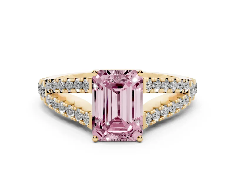 Fancy Pink Emerald Cut Diamond Split Shank Pavé Engagement Ring Set in Yellow gold with Prong-Held Center Stone