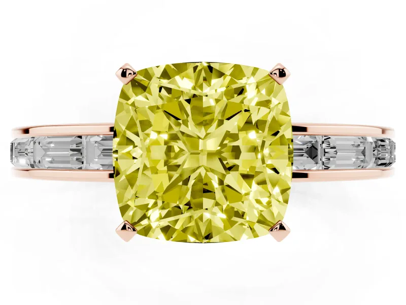 Fancy Yellow Cushion Cut Diamond Solitaire Ring Set in Rose gold with Channel-Set Baguette Band and Prong Setting