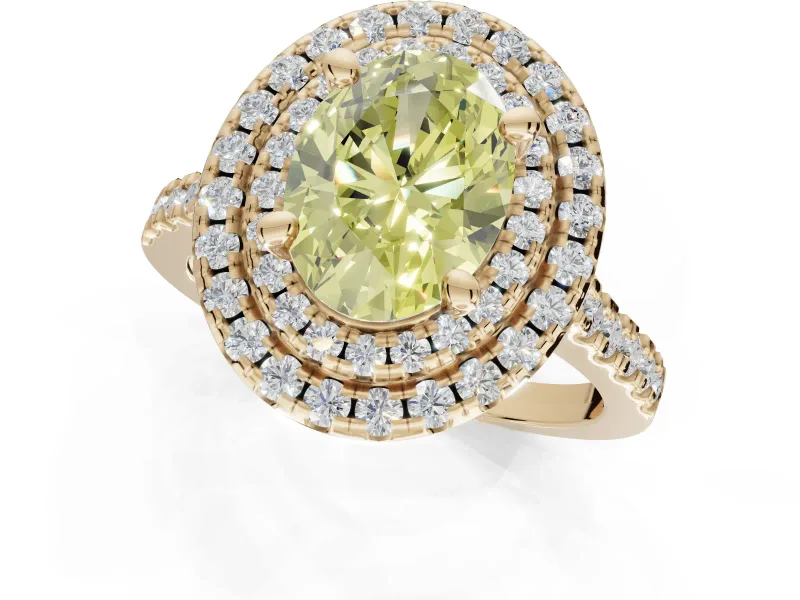 Canary Yellow Oval Lab-Grown Diamond Double Halo Statement Ring Set in Yellow Gold with Pavé Band