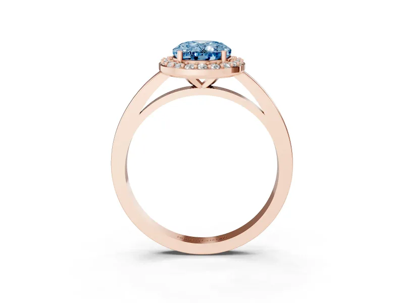 Fancy Blue Oval Cut Diamond Halo Ring Set in Rose gold with Solitaire Band and Prong Setting