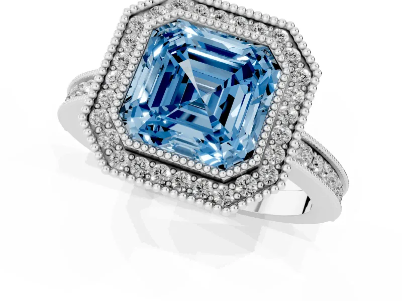 Fancy Blue Asscher Cut Diamond Halo Ring Set in Silver with Pavé Band and Milgrain-Edged Prongs